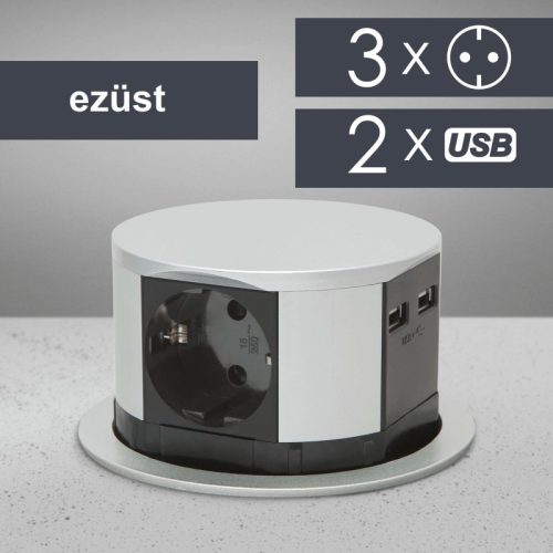 Rejtett elosztó 3-as dugasszal és 2 USB dugasszal Ezüst